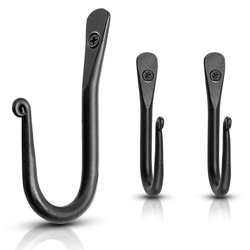 Stur-De Decorative Hooks for Wall - Wall Hooks for Hanging Coats, Hats, & Bags, Versatile Towel Hooks for Bathrooms or Kitchen - Wrought Iron Hanging Hooks - Pack of 3, Black - 2 x 0.35 x 3.75 Inches - Image 1